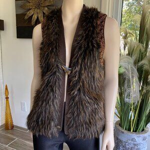 Guess Faux Fur Hand Beaded Brown Vest Sz Sm
